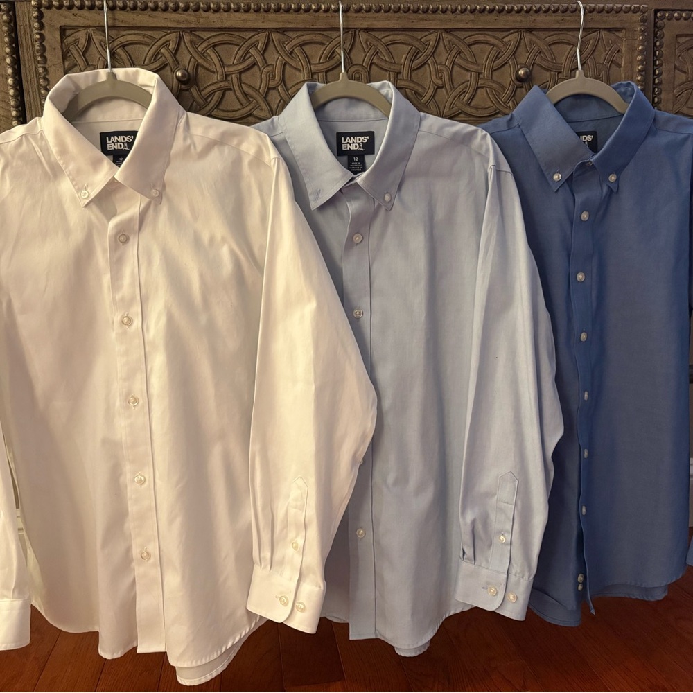 Lands' End Boy’s Dress Shirt Trio - White, Light Blue, Blue